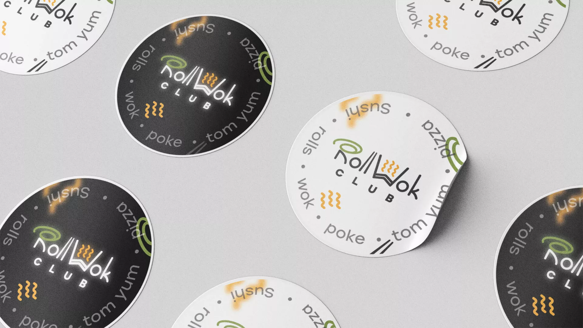 Разработка наклеек для суши-бара «Roll Wok Club» в Петергофе